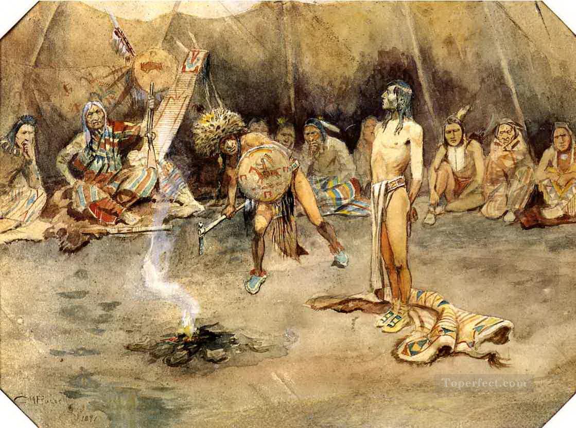 Sioux foltert einen Blackfoot mutig 1897 Charles Marion Russell Indianer Ölgemälde